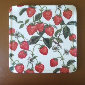 Kent Pottery Square Strawberry & Floral Trivet.  White Red Green